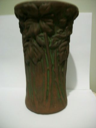 Pottery Vase Antique Blackberries With Thorns Green Glaze And Matted Brown