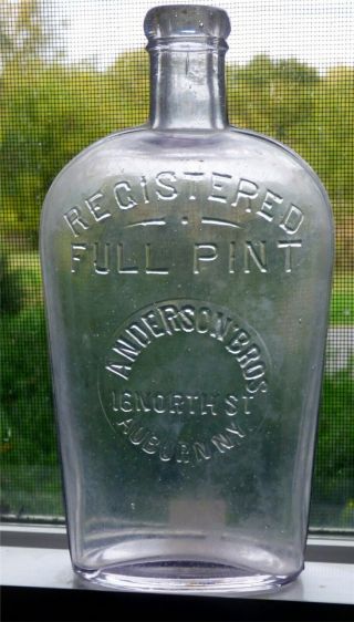 Antique Clear Whiskey Flask " Anderson Bros.  16 North Street Auburn,  N.  Y.  "