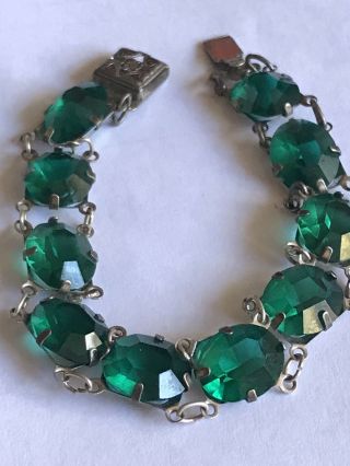 Vintage Antique Art Deco Sterling Green Crystal Open Back Bracelet