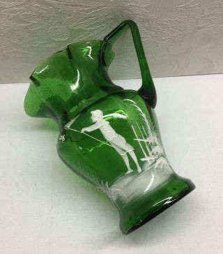Antique Mary Gregory Green Blown Glass Pitcher - Boy W/butterfly & Net,  6.  5 Inch
