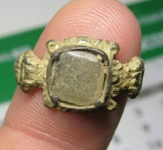 ANTIQUE SPANISH MEDIEVAL BRONZE RING COLONIAL TIMES WITH WHITE STONE 14 - 15th.  C 3