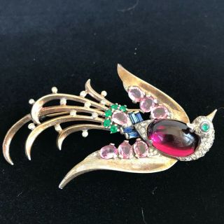 Rare Large Crown Trifari Alfred Philippe Jelly Belly Sterling Lyre Bird Pin