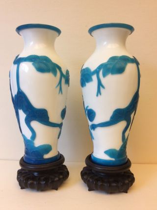 Rare Antique Chinese Peking Glass Duet Vases W/monkey On Ginko Tree,  Circa 1900