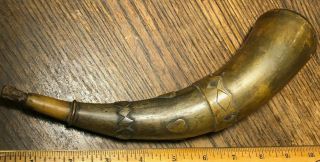 Rare 18thc Antique Decorated Powder Horn Hand - Carved Hearts & Diamonds Signed