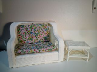 Vintage Barbie Dream House White Wicker Furniture Set Couch End Table