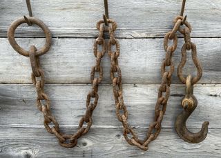 Antique Cast Iron Hook With Heavy - Duty Rusty Chain Length 80” Vintage Farm Tools