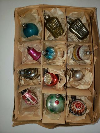 12 Antique Mini Christmas Ornaments Feather Tree Lantern,  Indents,  Bell,  Pointed