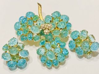 Rare Vintage 1967 Christian Dior Germany Turquoise Cabochon Crackled Glass Set