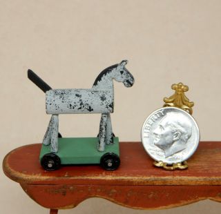 Vintage Wooden Horse Nursery Push Toy Artisan Dollhouse Miniature 1:12 2