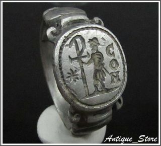 Constantne Holding Chi - Rho Ancient Silver Roman Legionary Cristianity Ring