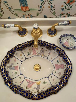 Rare Sherle Wagner Hand Painted Porcelain & Bronze Faucet Sink Set