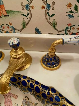 Rare Sherle Wagner Hand Painted Porcelain & Bronze Faucet Sink Set 2