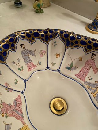 Rare Sherle Wagner Hand Painted Porcelain & Bronze Faucet Sink Set 3