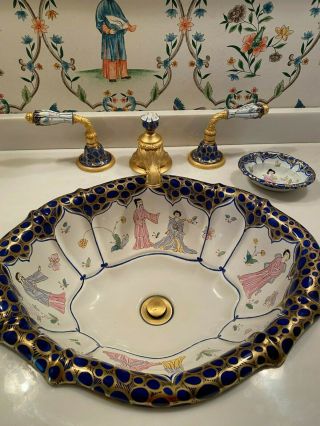 Rare Sherle Wagner Hand Painted Porcelain & Bronze Faucet Sink Set 4
