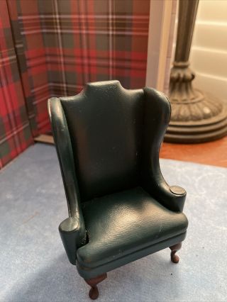 Miniature Doll House Wing Back Faux Leather Chair Signed Rsj
