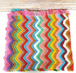 Vintage Afghan Handmade Crochet Blanket Throw Multicolored Chevron Striped