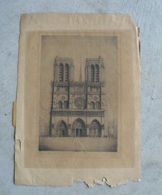 Vintage Mollet Signed Woodblock Print Paris Notre Dame Cathedral