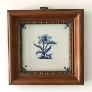 Vintage Holland Dutch Delft ? Blue & White Framed Ceramic Tile W/ Flower