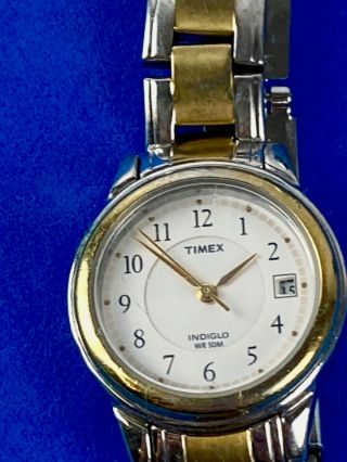 Ladies Timex Indeglo With Date Watch Fresh Battery.  Silver Gold Color Link Band
