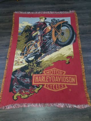 Harley Davidson Vintage Woven Tapestry Throw Blanket Men Motorcycle Print Rare