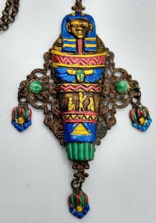 Rare Vintage Kme Art Deco Enamel Egyptian Revival Mummy King Tut Necklace