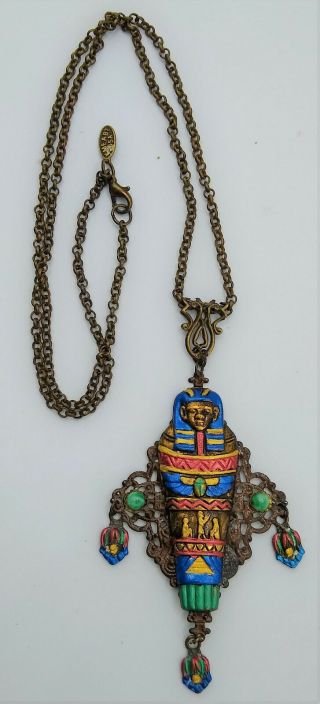 RARE Vintage KME Art Deco Enamel Egyptian Revival Mummy King Tut Necklace 2