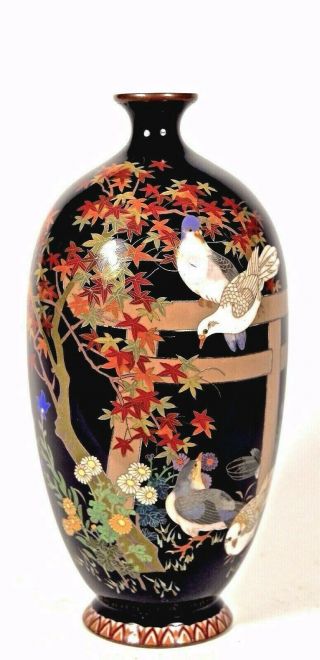 Rare Unique Antique Silver Wire Japanese Cloisonne Vase Pigeons & Torii Gate