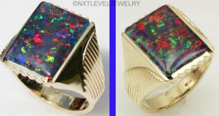 HEAVY Antique Art Deco LARGE RARE Natural BLACK Opal 10k Solid Gold Men ' s Ring 4