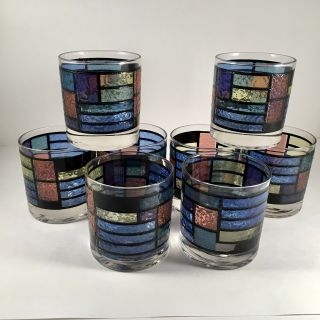Rare Set Of 8 Vintage Multicolored Old Fashioned Cocktail / Water Glasses