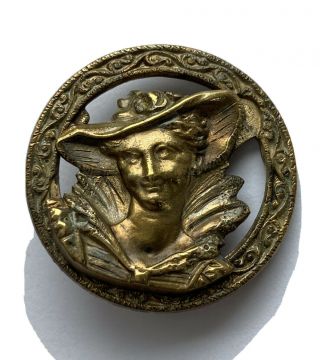 Antique Vintage Victorian Metal Picture Button Ladies Head In Bonnet Hat 1”