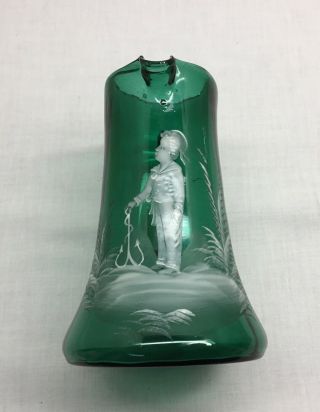 Antique Mary Gregory Green Glass Pitcher/jug - 6” Height,  Sailor Boy