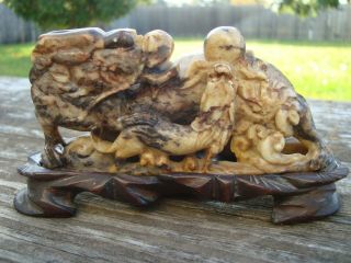 Old Chinese Hand Carved Shoushan Stone Dragon With A Ball On Wood Stand