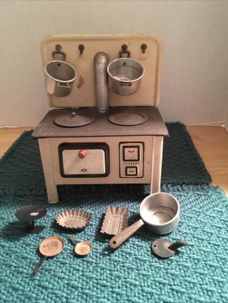 Mfz Antique Toy Tin Stove With Pots And Pans