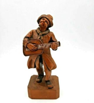 Vintage Hand Carved Wooden Figurine Man Musician With Hat Playing Guitar
