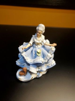 Dresden Lace Lady Woman With Dog Figurine By Hoffner & Co.  Germany Blue