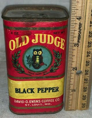 Antique Old Judge Owl Black Pepper Spice Tin David G Evans Coffee Co Can Grocer