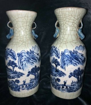 Pair 2 Antique Chinese Porcelain Crackle Blue & White Celadon Ground Vases Qing