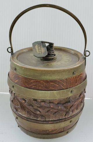 Antique Wood Biscuit Barrel Tobacco Jar Porcelain Lined Shield Lid Humidor