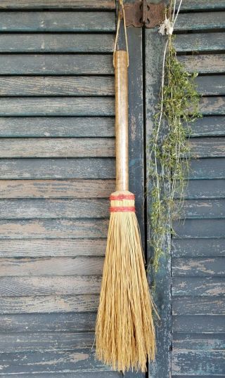 Primitive Hearth Broom Old Farmhouse Vintage Whisk Broom Wooden Short Handle 23 "