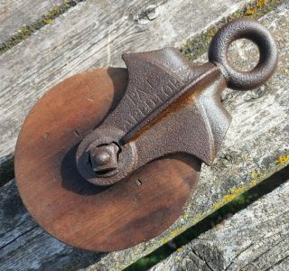 Vintage/antique Cast Iron Barn Pulley,  " Pat Apld.  For " Hay Trolley,  Americana