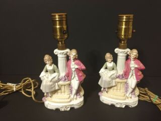 Antique Vintage Set Of 2 Matching Porcelain Courting Couple Lamps - Germany