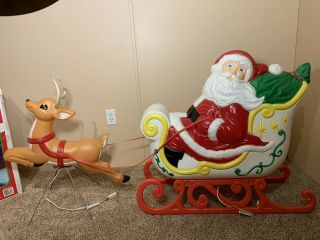 RARE Giant Grand Venture Santa Claus Sleigh Reindeer Christmas Blow Mold Light 2