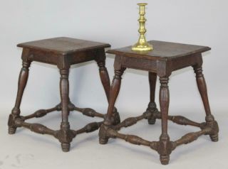 A Rare 17th C Pilgrim Joint Stools In Oak With Molded Aprons Old Surface