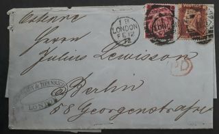 Rare 1872 Great Britain Folded Letter Ties 2 Qv Stamps Canc London To Berlin