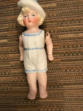 Vintage Porcelain Doll With Pinned Swivel Arms White Tam W Blue Pom Yellow Hair