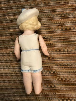 Vintage Porcelain Doll with pinned swivel arms White Tam w Blue Pom Yellow Hair 2