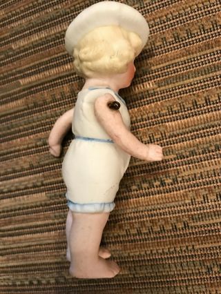 Vintage Porcelain Doll with pinned swivel arms White Tam w Blue Pom Yellow Hair 3