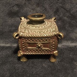 19th Century Antique India Lost Wax Cast Bronze/Brass Dhorka Footed Inkwell Jar 3