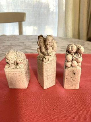 GORUP OF 3 ANTIQUE CHINESE STONE SEALS With Hand Carved Chinese Words 2