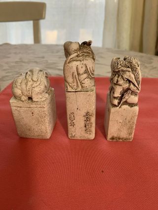 GORUP OF 3 ANTIQUE CHINESE STONE SEALS With Hand Carved Chinese Words 3